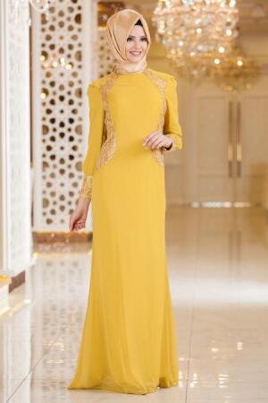 Nayla Collection - İşlemeli Sarı Tesettür Elbise 7022SR - 1