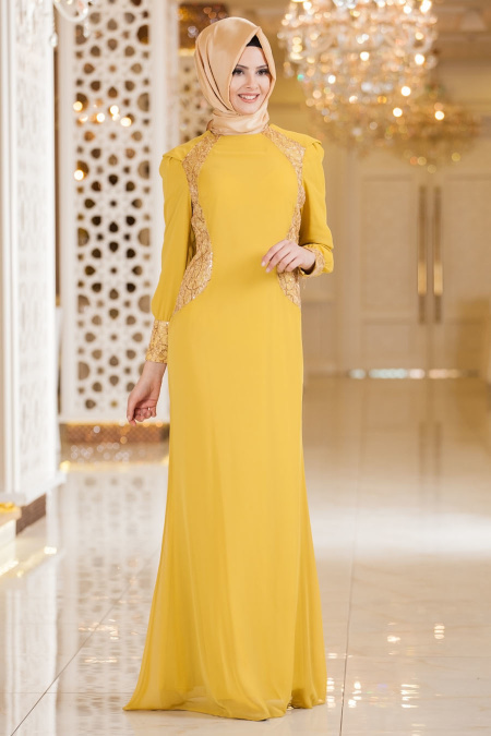 Nayla Collection - İşlemeli Sarı Tesettür Elbise 7022SR