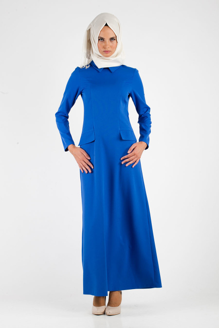Nayla Collection -Cep Görünümlü Sax Tesettür Mavi Elbise 7079SX