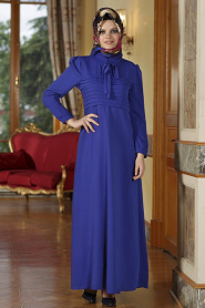 Nayla Collection - Büzgüllü Sax Mavi Tesettür Elbise 4014SX - Thumbnail