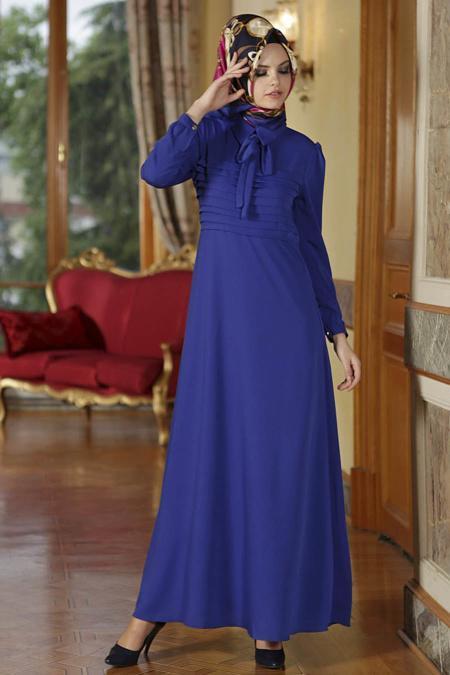 Nayla Collection - Büzgüllü Sax Mavi Tesettür Elbise 4014SX - 2