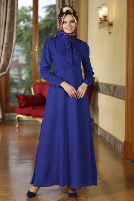 Nayla Collection - Büzgüllü Sax Mavi Tesettür Elbise 4014SX