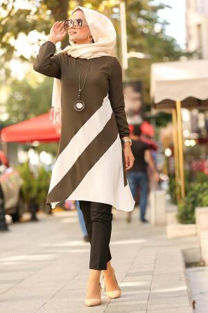 Nayla Collection - Şeritli Haki Tesettür Tunik 22160HK - 1