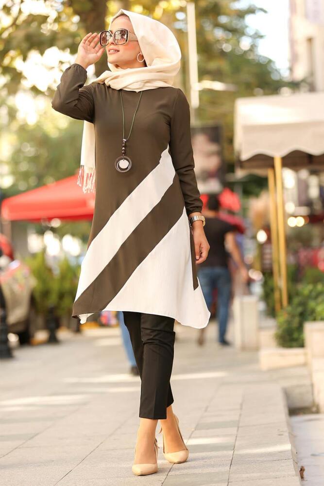 Nayla Collection - Şeritli Haki Tesettür Tunik 22160HK - 1