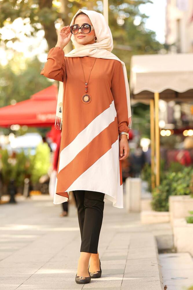 Nayla Collection - Şeritli Taba Tesettür Tunik 22160TB - 1