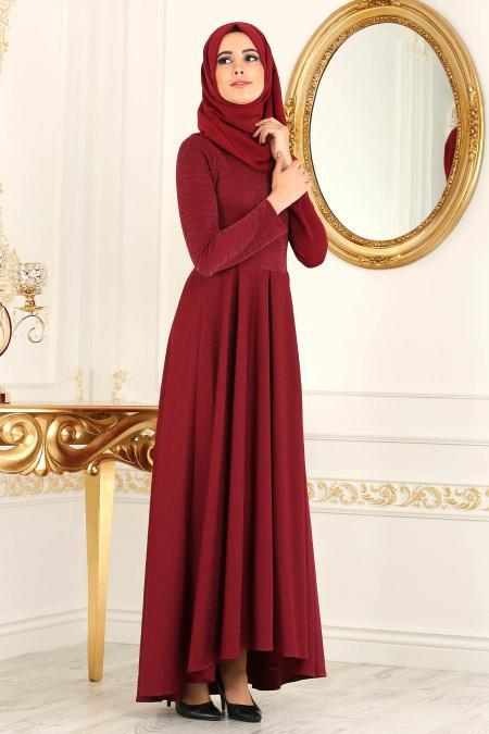 Nayla Collection - Simli Bordo Tesettür Abiye Elbise 4156BR - 2