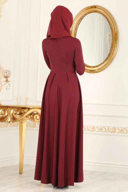 Nayla Collection - Simli Bordo Tesettür Abiye Elbise 4156BR - 3