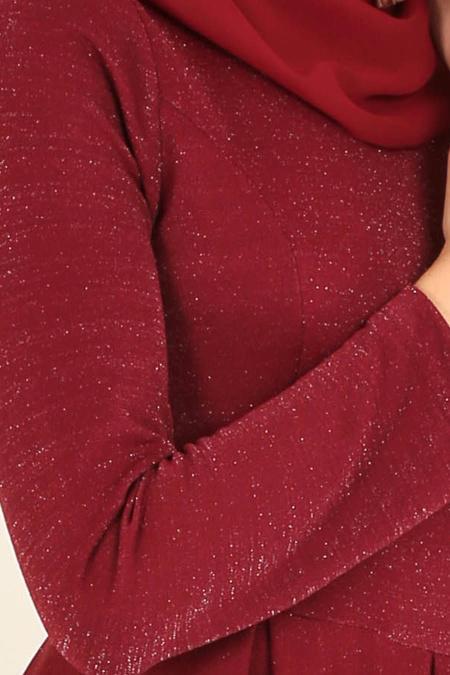Nayla Collection - Simli Bordo Tesettür Abiye Elbise 4156BR - 4