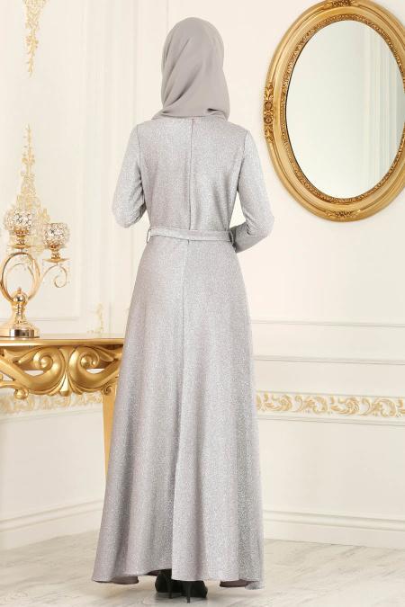 Nayla Collection - Simli Gri Tesettür Abiye Elbise 4537GR - 2