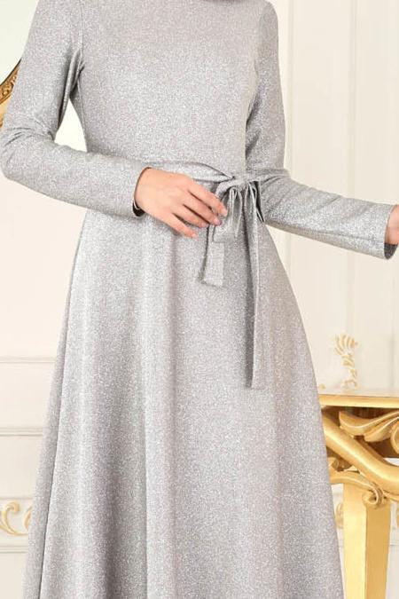 Nayla Collection - Simli Gri Tesettür Abiye Elbise 4537GR - 3