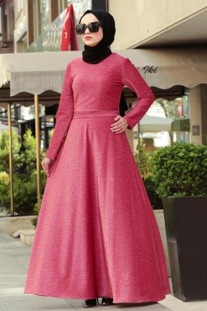 Nayla Collection - Simli Kırmızı Tesettür Abiye Elbise 4537K - 1
