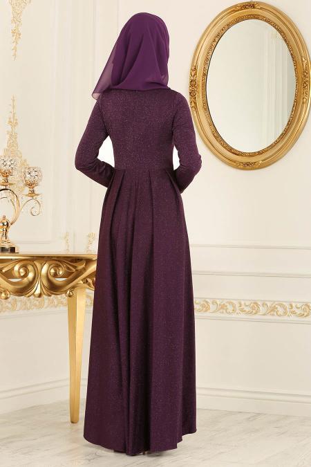 Nayla Collection - Simli Mor Tesettür Abiye Elbise 4156MOR - 2