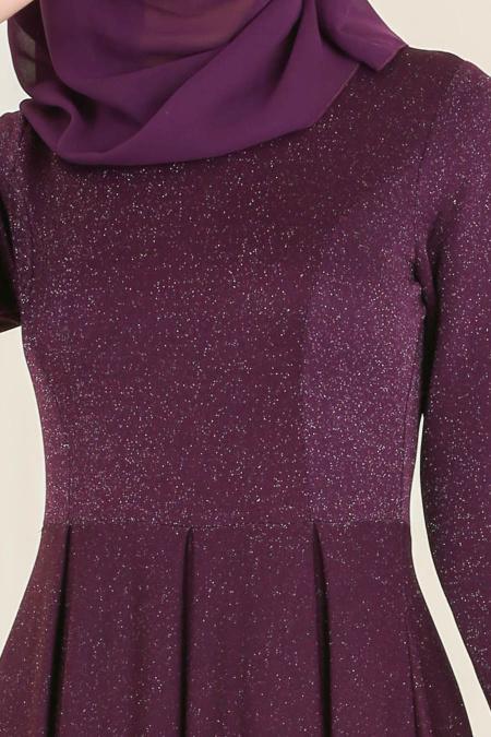 Nayla Collection - Simli Mor Tesettür Abiye Elbise 4156MOR - 3