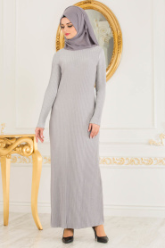 Nayla Collection - Simli Piliseli Gri Tesettür Elbise 5123GR - Thumbnail