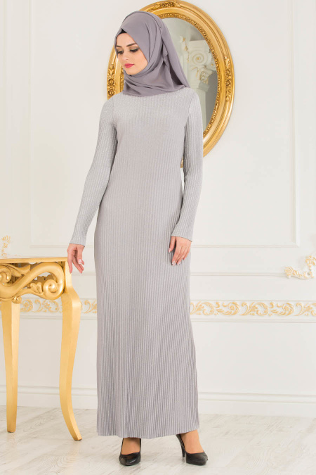 Nayla Collection - Simli Piliseli Gri Tesettür Elbise 5123GR