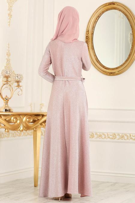 Nayla Collection - Simli Pudra Tesettür Abiye Elbise 4537PD - 2