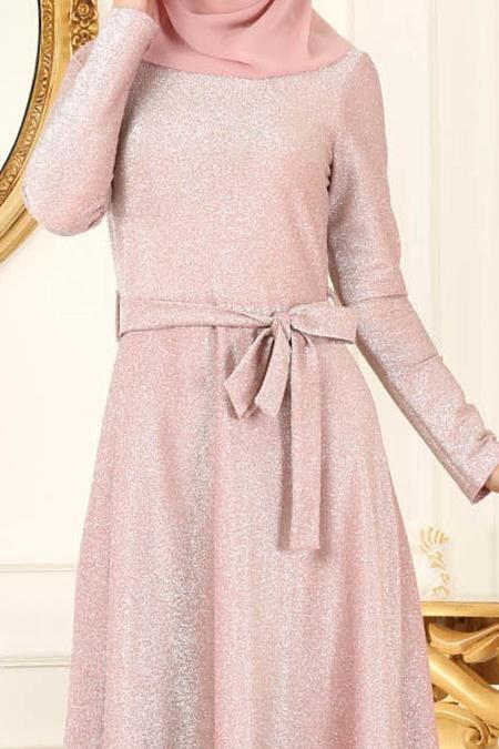 Nayla Collection - Simli Pudra Tesettür Abiye Elbise 4537PD - 3