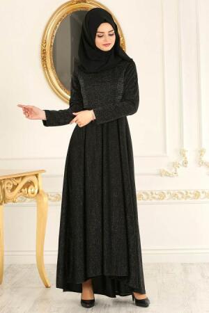 Nayla Collection - Simli Siyah Tesettür Abiye Elbise 4156S - 2