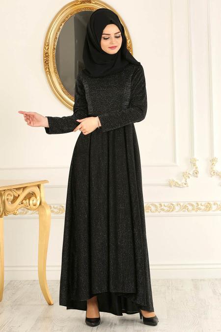 Nayla Collection - Simli Siyah Tesettür Abiye Elbise 4156S - 2