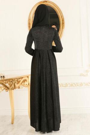 Nayla Collection - Simli Siyah Tesettür Abiye Elbise 4156S - 4