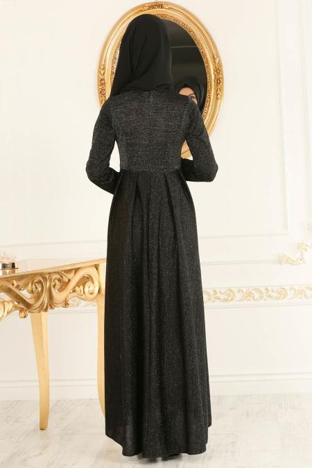 Nayla Collection - Simli Siyah Tesettür Abiye Elbise 4156S - 4