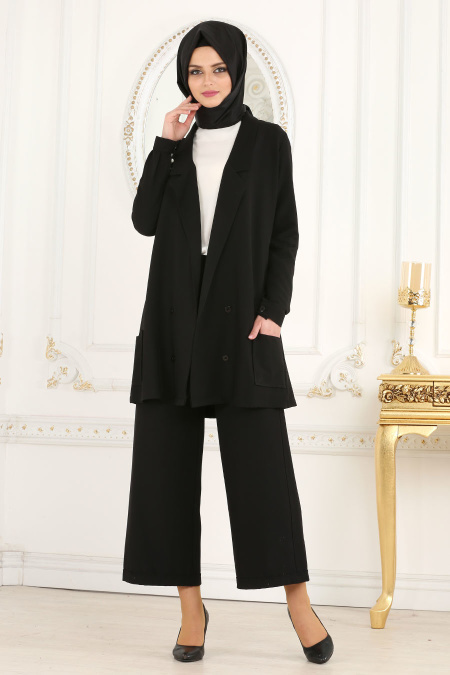 Nayla Collection - Siyah Ceket / Pantolon Tesettür Takım 53530S