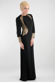 Nayla Collection - İşlemeli Siyah Tesettür Elbise 7022S - Thumbnail
