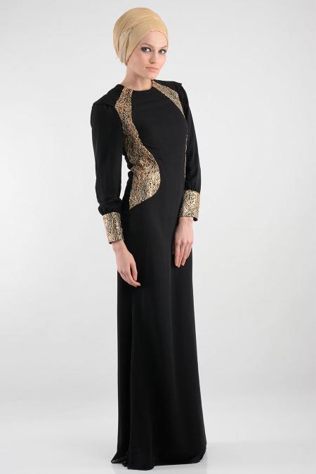 Nayla Collection - İşlemeli Siyah Tesettür Elbise 7022S - 2