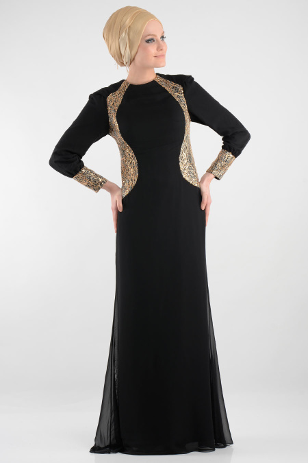 Nayla Collection - İşlemeli Siyah Tesettür Elbise 7022S