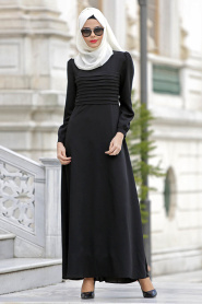Nayla Collection - Büzgüllü Siyah Tesettür Elbise 4014S - Thumbnail