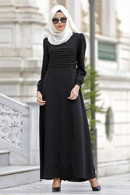 Nayla Collection - Büzgüllü Siyah Tesettür Elbise 4014S