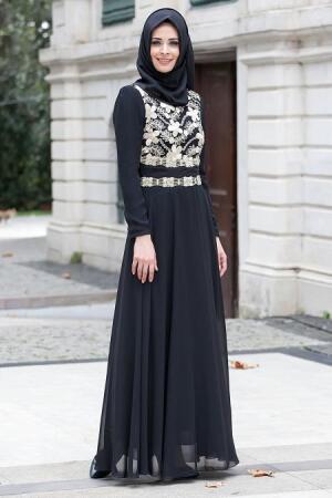 Nayla Collection - Siyah Tesettür Elbise 4036S - 1