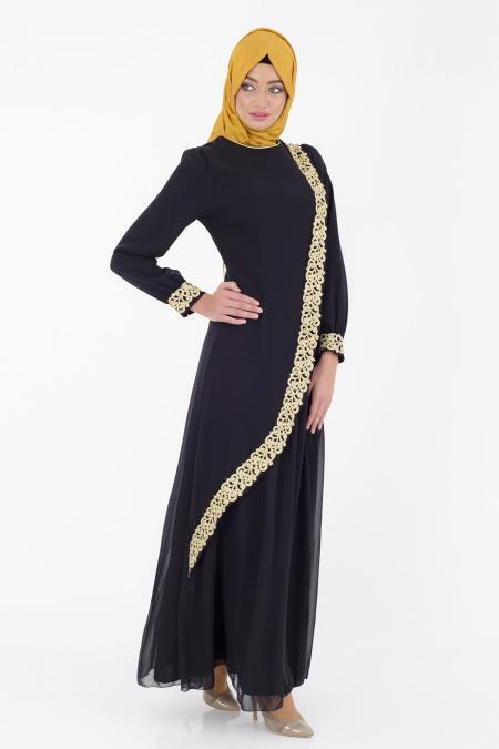 Nayla Collection - Çapraz Dantelli Siyah Tesettür Elbise 52272-01S - 2