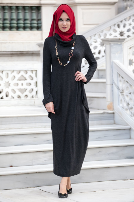 Nayla Collection - Siyah Penye Tesettür Elbise 3028S