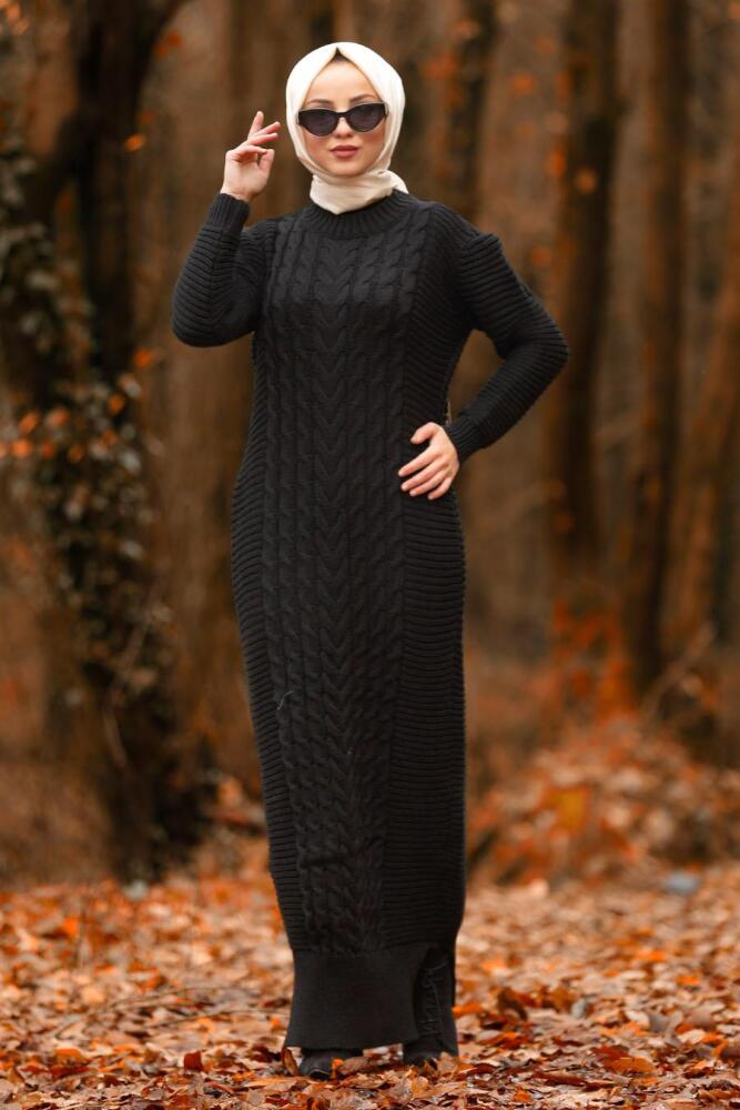 Nayla Collection - Siyah Tesettür Triko Elbise 2111S - 1
