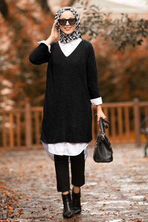 Nayla Collection - Siyah Tesettür Triko Tunik 20220S - 1