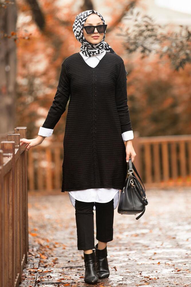 Nayla Collection - Siyah Tesettür Triko Tunik 2102S - 1