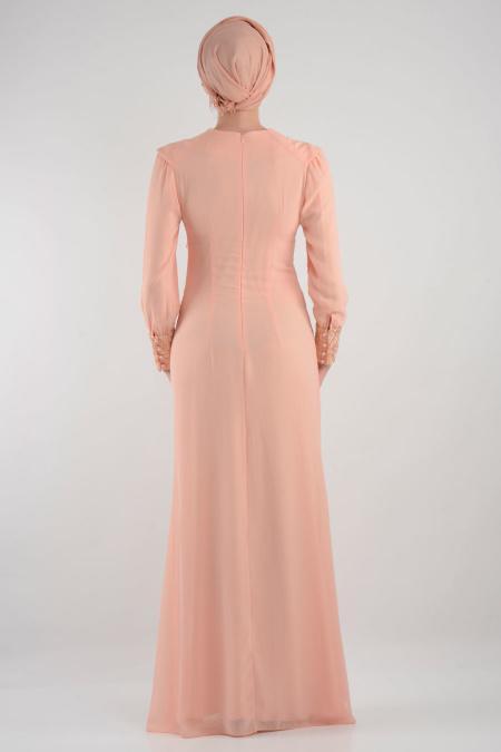 Nayla Collection - İşlemeli Somon Tesettür Elbise 7022SMN - 3