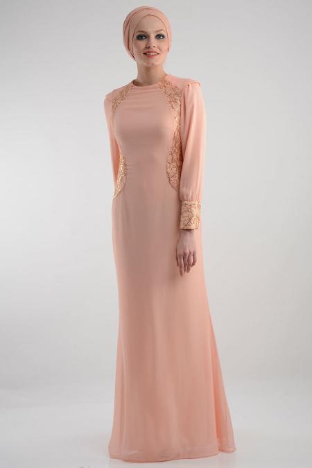 Nayla Collection - İşlemeli Somon Tesettür Elbise 7022SMN - 2