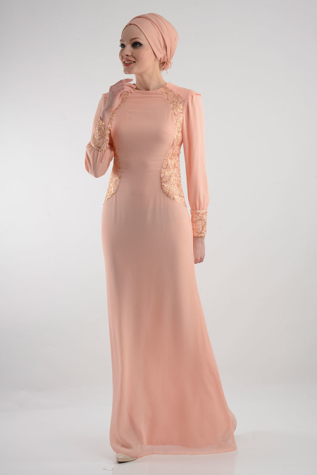 Nayla Collection - İşlemeli Somon Tesettür Elbise 7022SMN