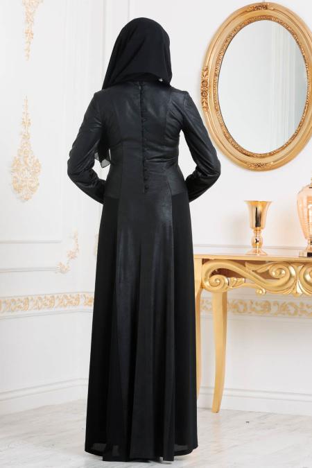 Nayla Collection - Suni Deri Siyah Tesettür Abiye Elbise 10001S - 2