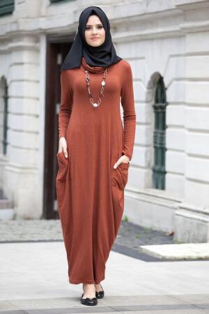Nayla Collection - Taba Penye Tesettür Elbise 3028TB - 1