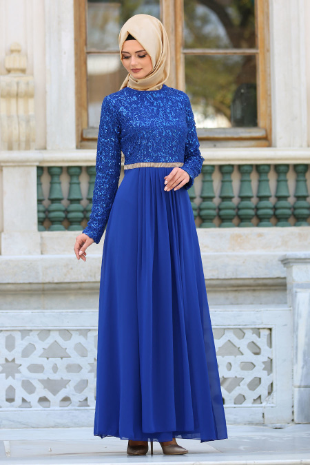 Nayla Collection - Taş Detaylı Sax Mavisi Abiye Elbise 2799SX
