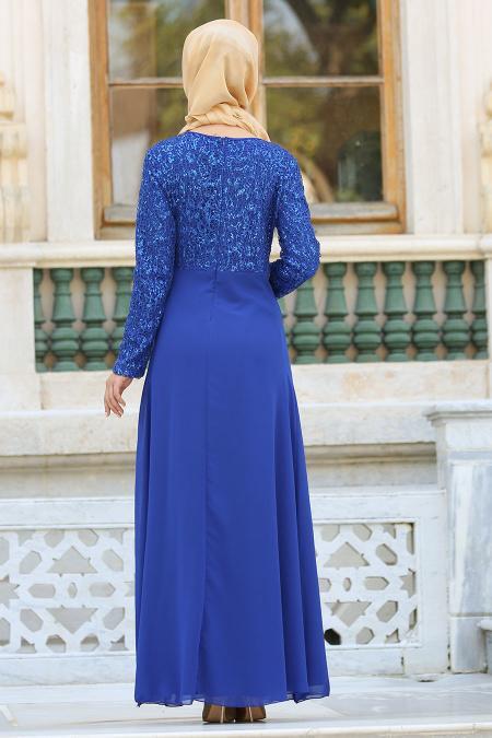 Nayla Collection - Taş Detaylı Sax Mavisi Abiye Elbise 2799SX - 3