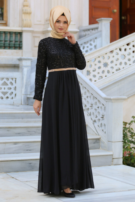 Nayla Collection - Taş Detaylı Siyah Abiye Elbise 2799S