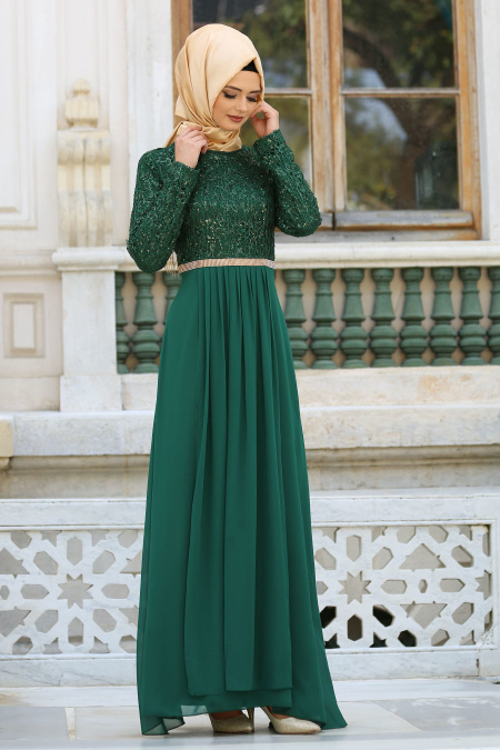 Nayla Collection - Taş Detaylı Yeşil Abiye Elbise 2799Y