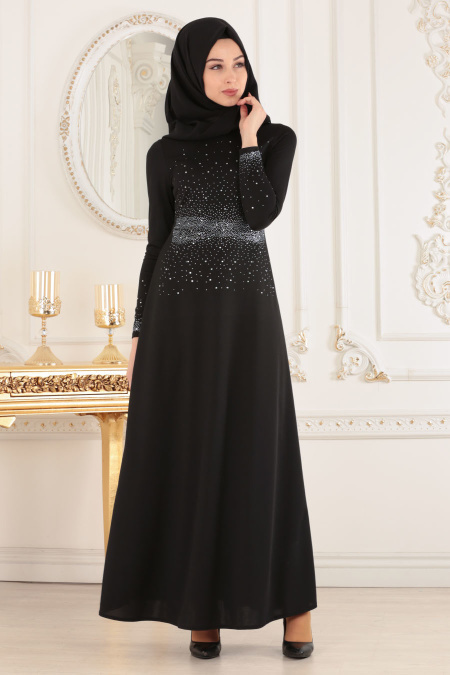 Nayla Collection - Taşlı Siyah Tesettür Elbise 12010S