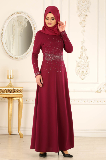 Nayla Collection - Taşlı Vişne Tesettür Elbise 12010VSN