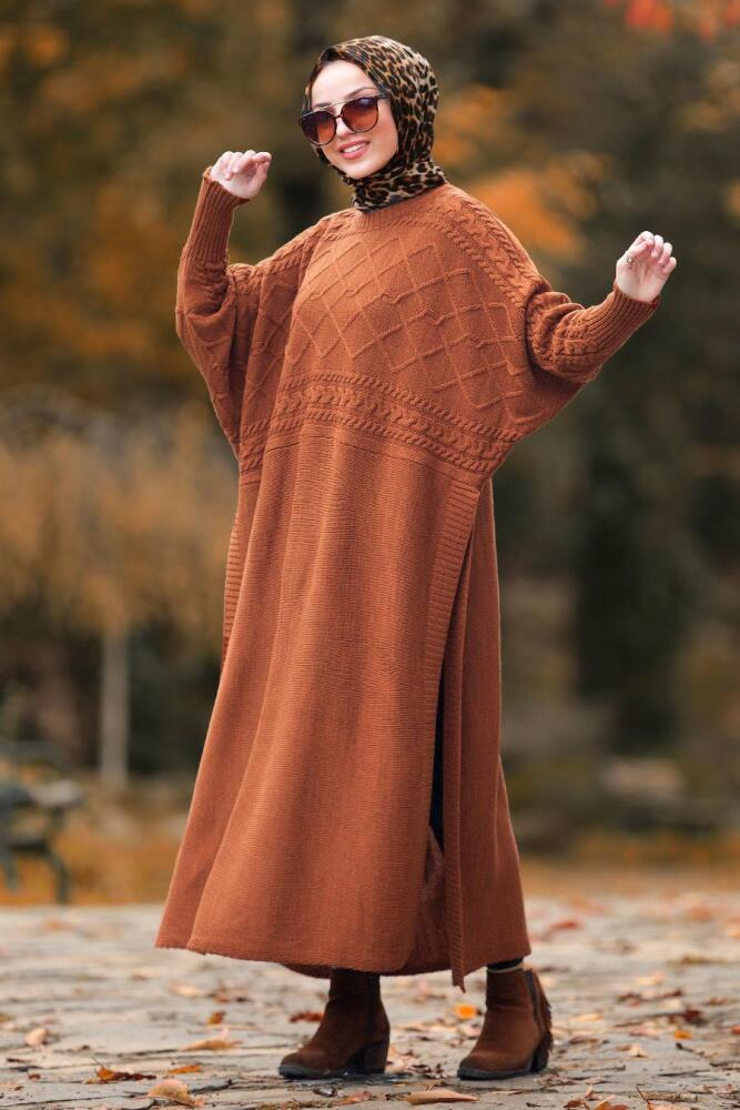 Nayla Collection - Terra Cotta Hijab Knitwear Poncho 15598KRMT - 1