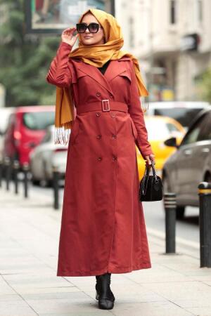 Nayla Collection - Terra Cotta Trench Coat 53990KRMT - Thumbnail